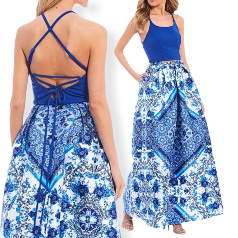 👑Xtraordinary💎Spaghetti Strap Lace-Up-Back Top w/ Printed Skirt 2 Piece …